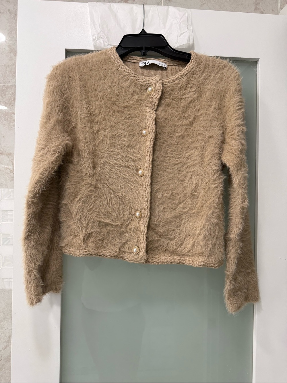 Zara Tan Fuzzy Pearl-Button Teddy Jacket